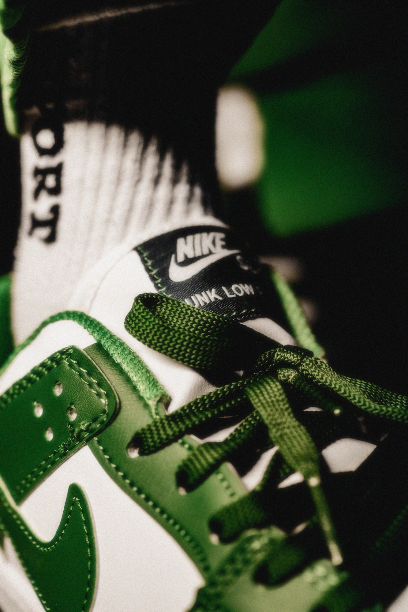 Close-up of a green Nike Dunk Low